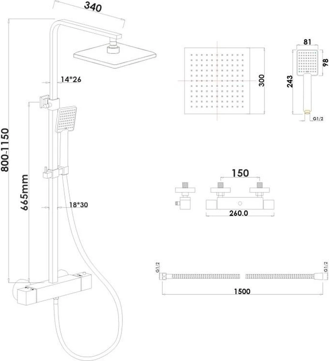 Doucheset Zwart - Met Regendouche 30cm - En Thermostaatkraan 2 Doucheset Zwart - Met Regendouche 30cm - En Thermostaatkraan - Afbeelding 2