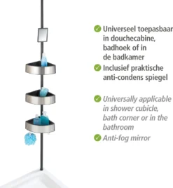 WENKO Telescopisch Doucherek Big Black 3-laags Met Spiegel Zilver/zwart - Bevestigen Zonder Boren -Mooie Badkamer 1104x1200