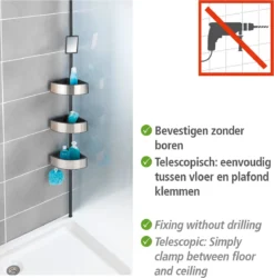 WENKO Telescopisch Doucherek Big Black 3-laags Met Spiegel Zilver/zwart - Bevestigen Zonder Boren -Mooie Badkamer 1187x1200 2