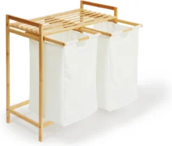 Lifa Bathing Bamboe Rek Met Wasmanden - Polyester En Bamboe - Uitschuifbare Opbermanden Met Deksel - Wassorteerbak 60 Liter - 2 Vakken - Voor Badkamer, Slaapkamer En Wasruimte - 73 X 64 X 33 Cm -Mooie Badkamer 1200x1018