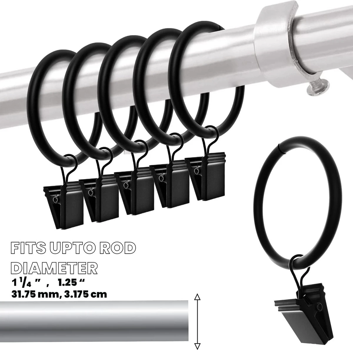 BOTC Gordijnringen Met Klem - 38 MM - Zwarte - Sets Van 20 Stucks 2 BOTC Gordijnringen Met Klem - 38 MM - Zwarte - Sets Van 20 Stucks - Afbeelding 2