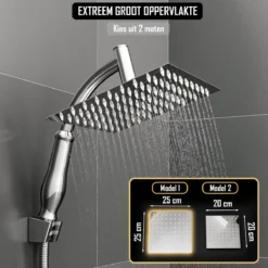 Regendouchekop Deluxe - ø 35CM - Douchekop Met Doucheslang En Douchekophouder - RVS -Mooie Badkamer 1200x1200 1450