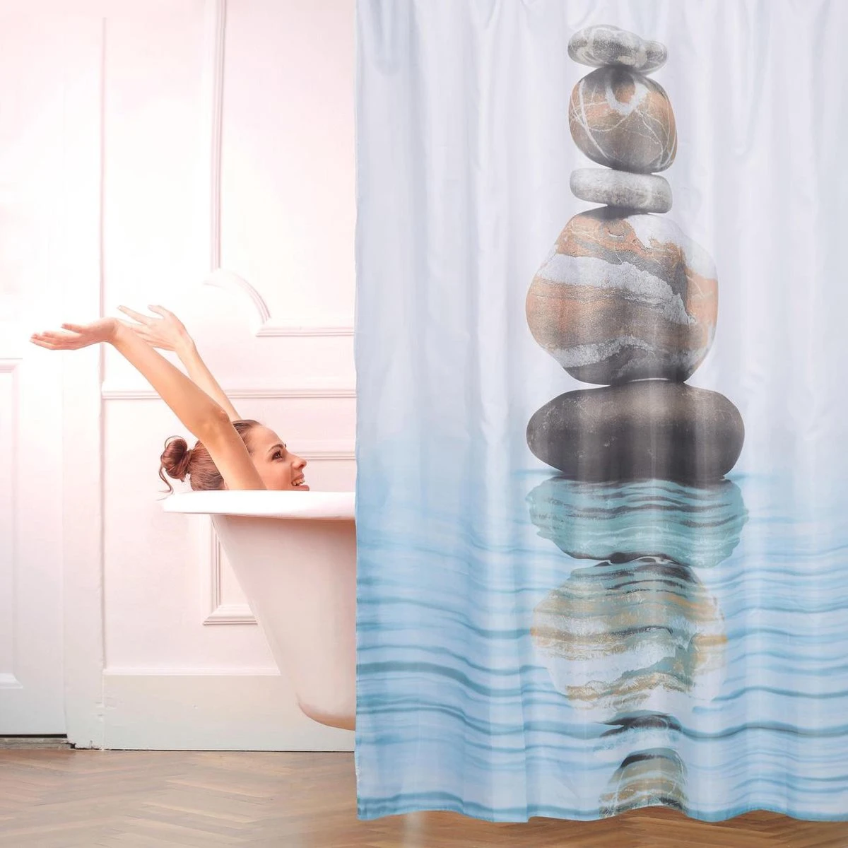 Relaxdays Douchegordijn Stenen Water 180 X 180 Cm - Anti-schimmel Badkamer Gordijn - Bad 2 Relaxdays Douchegordijn Stenen Water 180 X 180 Cm - Anti-schimmel Badkamer Gordijn - Bad - Afbeelding 2