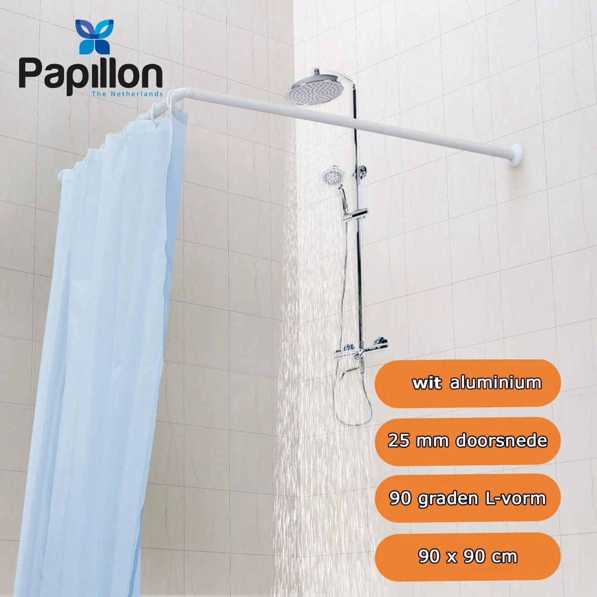 Papillon Douchegordijnstang - 90x90 Cm - Aluminium - Wit 2 Papillon Douchegordijnstang - 90x90 Cm - Aluminium - Wit - Afbeelding 2