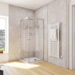 Schulte Douchecabine - Sunny Hoekinstap Met Schuifdeuren - Groot Verstelbereik 73,5 Tot Max. 88,5 Cm Hoogte 180 Cm - Zilverkleur Profiel- Veiligheidsglas Met Een Streepdecor - Montage Op Douchebak Of Direct Op De Douchevloer. -Mooie Badkamer 1200x1200 1686