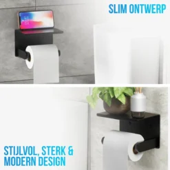 Strex WC Rolhouder Met Plankje - Zwart - Zelfklevend / Boren / Zonder Boren - Toiletrolhouder - WC Papier Houder -Mooie Badkamer 1200x1200 73
