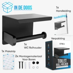 Strex WC Rolhouder Met Plankje - Zwart - Zelfklevend / Boren / Zonder Boren - Toiletrolhouder - WC Papier Houder -Mooie Badkamer 1200x1200 75