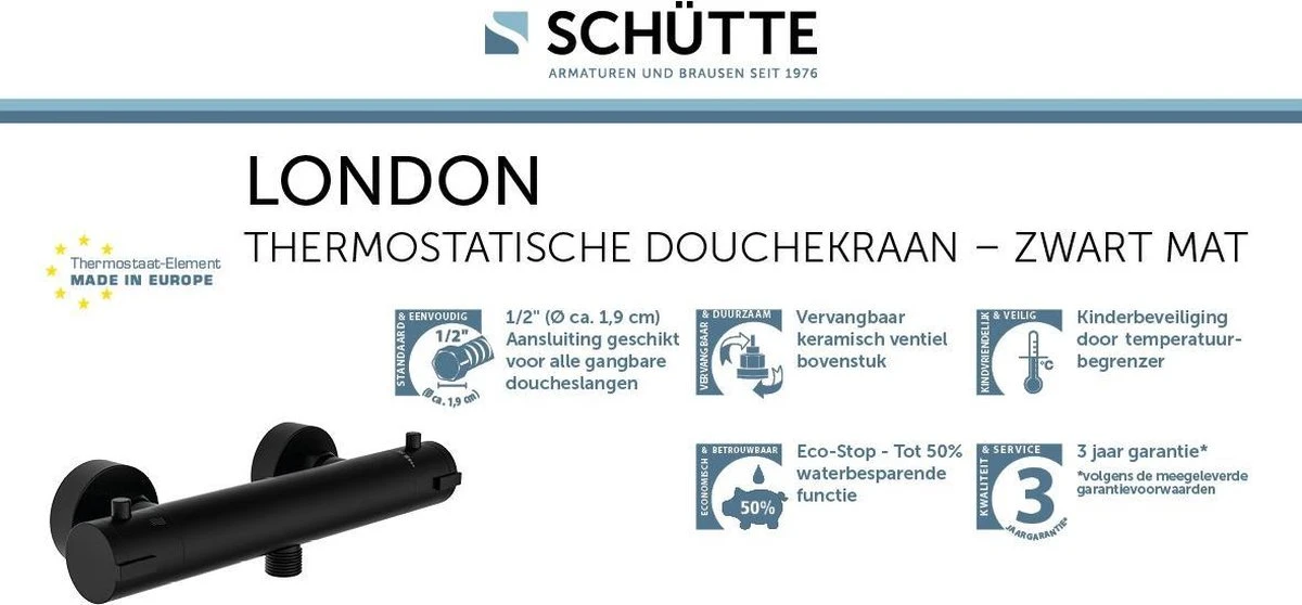 SCHÜTTE London Thermostatische Douchekraan - Hartafstand 150 Mm - Zwart Mat 6 SCHÜTTE London Thermostatische Douchekraan - Hartafstand 150 Mm - Zwart Mat - Afbeelding 6