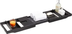 ACAZA Badrekje - Uitschuifbare Bamboe Bad Brug (Min 75 Cm - Max 109cm) - Verstelbare Plank Voor In Bad Met Tablet Houder - Zwart -Mooie Badkamer 1200x565