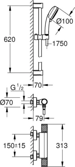 GROHE Grohtherm-1000 Performance Renovatieset - Met Thermostaatkraan, Koppelingen, Glijstang En Hoofddouche - CoolTouch - Chroom -Mooie Badkamer 540x1200